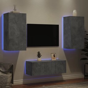 vidaXL Unități TV de perete cu LED-uri 4 piese gri beton lemn compozit