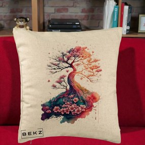 Perna Decorativa Copac Sakura Acuarela Fantasy, 40x40 cm, Bej, Husa Detasabila, Perna Inclusa, BEKZ®