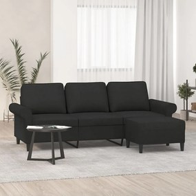 Canapea cu 3 locuri cu taburet, negru, 180 cm, material textil Negru, 212 x 77 x 80 cm