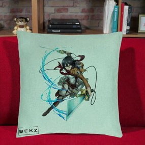 Perna Personalizata Attack on Titan Mikasa Ackerman Lupta, 40x40 cm, Verde Menta, Husa Detasabila, Perna Inclusa, BEKZ®