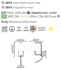 Aplica perete cu reader LED design clasic FRAME auriu antic/negru