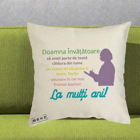 Cadou pentru Invatatoare - Perna Personalizata Doamna Invatatore La Multi Ani cu Silueta si Text Colorat, 40x40 cm, Ecru, Husa Detasabila, Perna Inclusa, BEKZ®