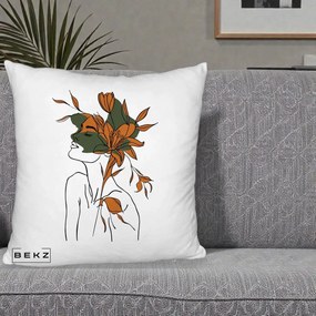Perna Decorativa Portret Feminin Crin Auriu, 40x40 cm, Alb Pufos, Husa Detasabila, Perna Inclusa, BEKZ®
