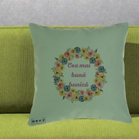Cadou pentru Bunica - Perna Personalizata Cea Mai Buna Bunica Coronita Flori Multicolore, 40x40 cm, Verde, Husa Detasabila, Perna Inclusa, BEKZ®