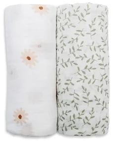 Lulujo -  Set 2 museline din bambus si bumbac - 100 x 100 cm– Daisies/Greenery