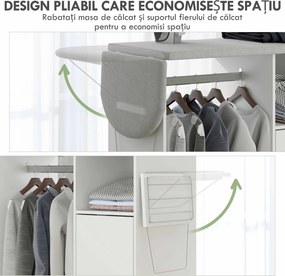 HOMCOM Dulap Multifuncțional cu Masă de Călcat | Blat din Tesatura Efect In | 3 Rafturi | Ghidaj pentru Agățat | 127x42.5x99 cm | Alb | Aosom Romania