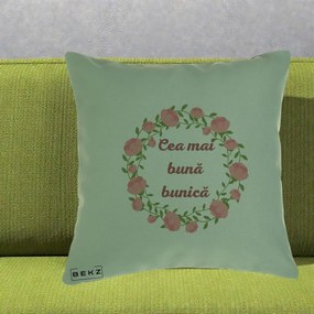 Cadou pentru Bunica - Perna Personalizata Cea Mai Buna Bunica Coronita Trandafiri Roz Clasic, 40x40 cm, Verde, Husa Detasabila, Perna Inclusa, BEKZ®