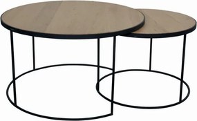Set 2 măsuțe de cafea rotunde din lemn de stejar și metal, natur, cu cadru negru, finisaj mat, „Brooklyn”