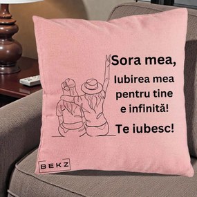 Cadou pentru Sora - Perna Personalizata Sora Mea Te Iubesc Line Art Portrete Colorate, 40x40 cm, Roz, Husa Detasabila, Perna Inclusa, BEKZ®
