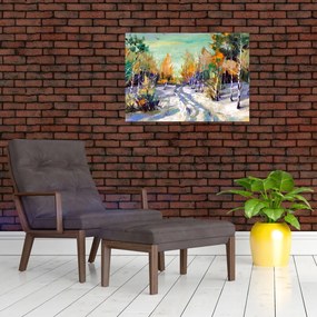 Tablou pe sticlă - Drum înzăpezit prin pădure (70x50 cm)