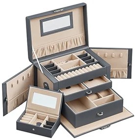 Cutie de bijuterii, Songmics, Gri, 26x18x17 cm