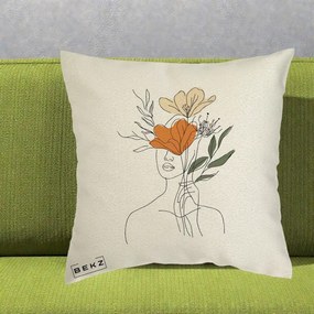 Perna Decorativa Portret Feminin Coroana Florala, 40x40 cm, Ecru, Husa Detasabila, Perna Inclusa, BEKZ®