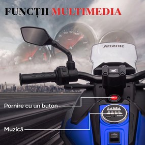 AIYAPLAY Motocicletă Electrică Copii, Licențiată Honda, Faruri Roți Antrenament, Albastră | Aosom Romania