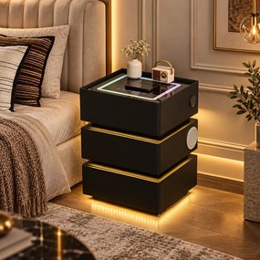 SÉLIA — Noptieră inteligentă cu încărcare Wireless, Bluetooth Stereo, iluminare RGB, USB + Type-C și senzor de mișcare, Negru