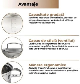 Set Vase Gătit din Inox, 6 Piese, Capacități 6.5 - 3.1 Litri, Bază 3 Straturi (Inducție), Capace din Sticlă Termorezistentă