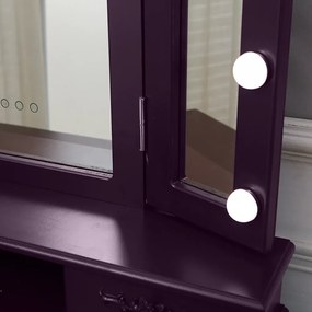 Set Anastasia, masă de toaletă cu 3 oglinzi iluminate LED, control touch, 4 sertare, scaun,