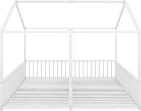 Pat dublu pentru copii 90x200 cm, formă de casă, cu barieră de siguranță, fără saltea, Alb