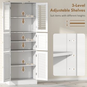 HOMCOM Dulap pentru baie cu 3 compartimente și 2 uși din sticlă și lemn, rafturi reglabile, 60x30x170 cm, alb | Aosom Romania