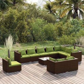 Set mobilier de gradina cu perne, 11 piese, maro, poliratan maro si verde, 5x colt + 5x mijloc + masa, 1