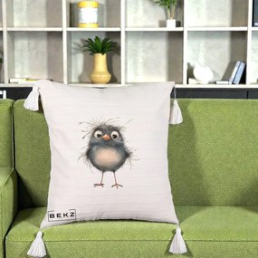 Perna Decorativa Pui Negru Zbarlit cu Pene Fine, 40x40 cm, Bej cu Franjuri, Husa Detasabila, Perna Inclusa, BEKZ®