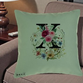 Cadou Personalizat - Perna Personalizata Monograma Florala Litera X cu Coroana, 40x40 cm, Verde, Husa Detasabila, Perna Inclusa, BEKZ®