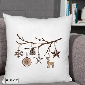 Perna Decorativa Ornamente de Lemn pe Ramura, 40x40 cm, Alb Pufos, Husa Detasabila, Perna Inclusa, BEKZ®