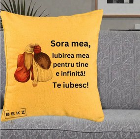 Cadou pentru Sora - Perna Personalizata Sora Mea Te Iubesc Doua Fete Iarna Acuarela, 40x40 cm, Galben, Husa Detasabila, Perna Inclusa, BEKZ®