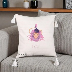 Perna Personalizata Zodie Leu, 40x40 cm, Bej cu Franjuri, Husa Detasabila, Perna Inclusa, BEKZ®