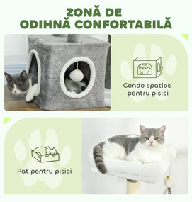 PawHut Ansamblu de joacă zgârietoare pentru pisici cu căsuță, pat și 2 mingi, din lemn și pluș, 55x40x107 cm, gri și alb | Aosom Romania