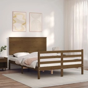 3195194 vidaXL Cadru de pat cu tăblie, dublu mic, maro miere, lemn masiv