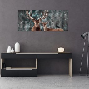 Tablou - Cerb și căprioare în pădurea înzăpezită (120x50 cm)