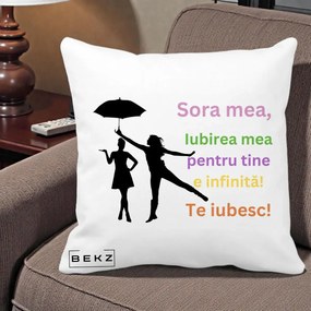 Cadou pentru Sora - Perna Personalizata Sora Mea Te Iubesc Siluete Colorate Umbrela, 40x40 cm, Alba Mata, Husa Detasabila, Perna Inclusa, BEKZ®