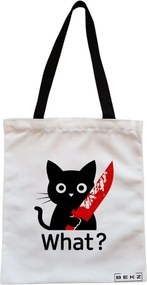 Sacosa de Panza pentru Cumparaturi, Geanta Tote, model Funny Black Cat, Cu fermoar, 38x34.5 cm, Alba, BEKZ®
