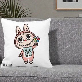 Perna Personalizata Labubu Roz cu Morisca, 40x40 cm, Alba Mata, Husa Detasabila, Perna Inclusa, BEKZ®