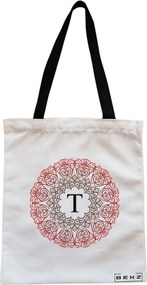 Sacosa de Panza pentru Cumparaturi, Geanta Tote, Cu litera T si Mandala, Cu fermoar, 38x34.5 cm, Alba, BEKZ®