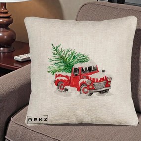 Perna Decorativa Camioneta Rosie Brad de Craciun, 40x40 cm, Bej Canapea, Husa Detasabila, Perna Inclusa, BEKZ®