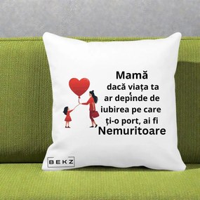 Cadou pentru Mama - Perna Personalizata Mama Nemuritoare cu Bebelus Kawaii, 40x40 cm, Alba Mata, Husa Detasabila, Perna Inclusa, BEKZ®
