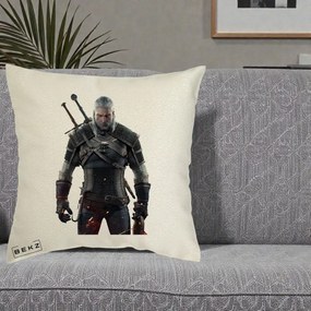 Perna Personalizata The Witcher Geralt of Rivia Portret, 40x40 cm, Ecru, Husa Detasabila, Perna Inclusa, BEKZ®