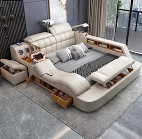 MOBLUX03 Luxury 180x200 cm Beige Right Chaise – Pat Inteligent Premium cu Proiector, Vibromasaj, Boxe Bluetooth, Încărcare Wireless și Spații Multiple de Depozitare
