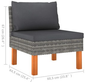 Set mobilier gradina 6 piese gri poliratan lemn de eucalipt Gri, 3x canapea de colt + canapea de mijloc + fotoliu + suport pentru picioare, 1