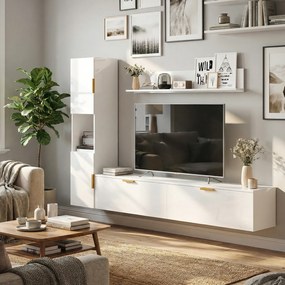 HOMCOM Mobilier TV suspendat cu uși rabatabile Centru entertainment Raft de perete Dulap 180 cm Alb lucios | Aosom Romania