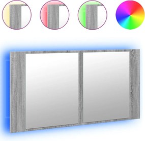 vidaXL Dulap de baie cu oglindă și LED gri sonoma, 90x12x45 cm, acril