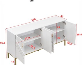 Comodă cu 4 uși, rafturi reglabile pe înălțime, pentru living, sufragerie &amp; hol, 160x40x80,5 cm, Alb