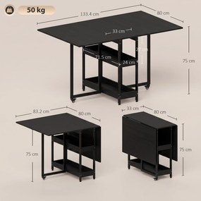 HOMCOM Masă Pliabilă cu Roți, Extensii Laterale Rabatabile și Compartimente Deschise, Negru | Aosom Romania