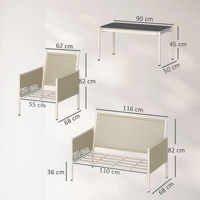 Outsunny Set mobilier de grădină din poliratan Set lounge cu canapea dublă scaun masă de sticlă perne 4 persoane Maro+Gri | Aosom Romania