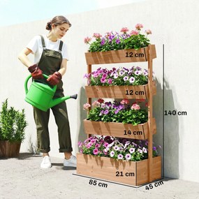 Outsunny Jardinieră din lemn cu 4 niveluri Jardinieră ridicată exterioară cu orificii de drenaj și material nețesut Maro | Aosom Romania