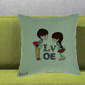 Cadou Romantic - Perna Personalizata Cuplu Kawaii LOVE, 40x40 cm, Verde, Husa Detasabila, Perna Inclusa, BEKZ®