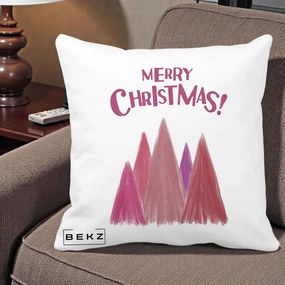 Perna Decorativa Merry Christmas Brazi Roz, 40x40 cm, Alba Mata, Husa Detasabila, Perna Inclusa, BEKZ®