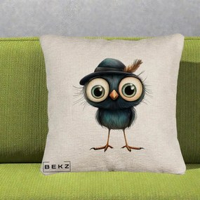 Perna Decorativa Pui Misterios cu Palarie Neagra, 40x40 cm, Bej Canapea, Husa Detasabila, Perna Inclusa, BEKZ®