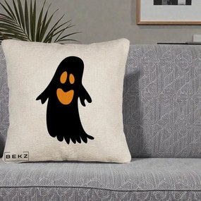 Perna Decorativa Halloween Fantoma Neagra cu Ochi Portocalii, 40x40 cm, Bej Canapea, Husa Detasabila, Perna Inclusa, BEKZ®